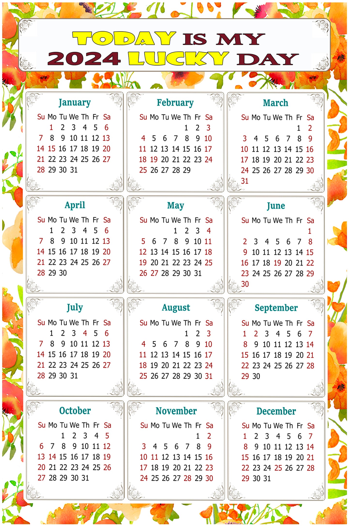 2024 Magnetic Calendar - Calendar Magnets - Today is my Lucky Day - (Fade, Tear, and Water Resistant) - Themed 021