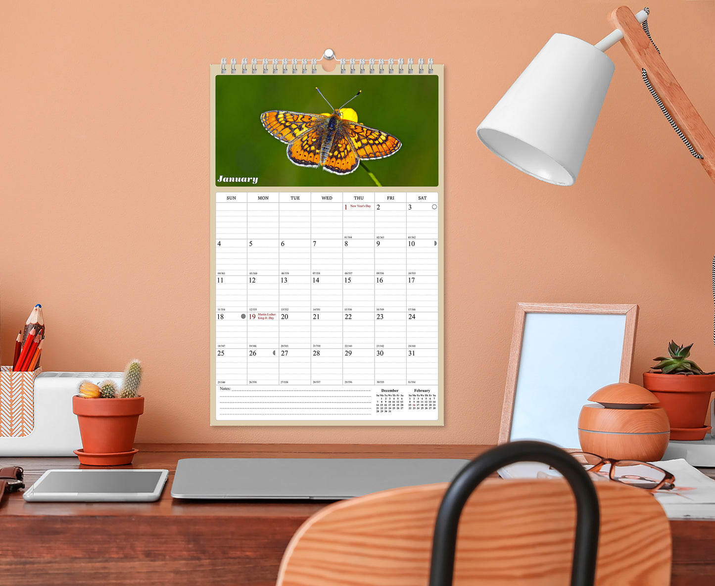 2025 - 2026 Wall Calendar Spiral-bound Twin-Wire Binding - 18 Months Planner - Large Ruled Blocks with Julian Dates - (Buterflyes)