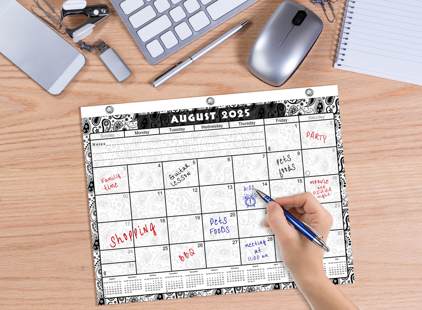 2025 - 2026 Academic Year 12 Months Student Calendar / College Planner for 3-Ring Binder, Desk or Wall -School Supplies - Made in USA - (Black & White Paisley Edition #010)