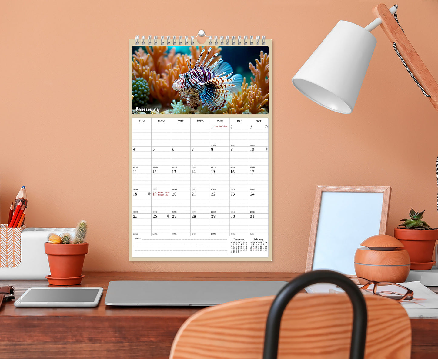 2025 - 2026 Wall Calendar Spiral-bound Twin-Wire Binding - 18 Months Planner - Large Ruled Blocks with Julian Dates - (Tropical Fishes)