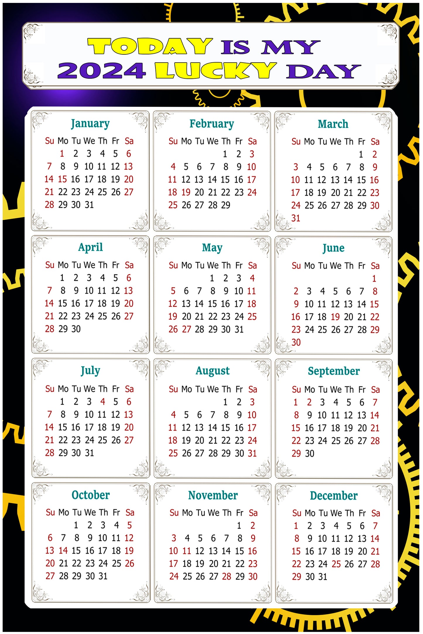 2024 Magnetic Calendar - Calendar Magnets - Today is my Lucky Day - (Fade, Tear, and Water Resistant) - Themed 05