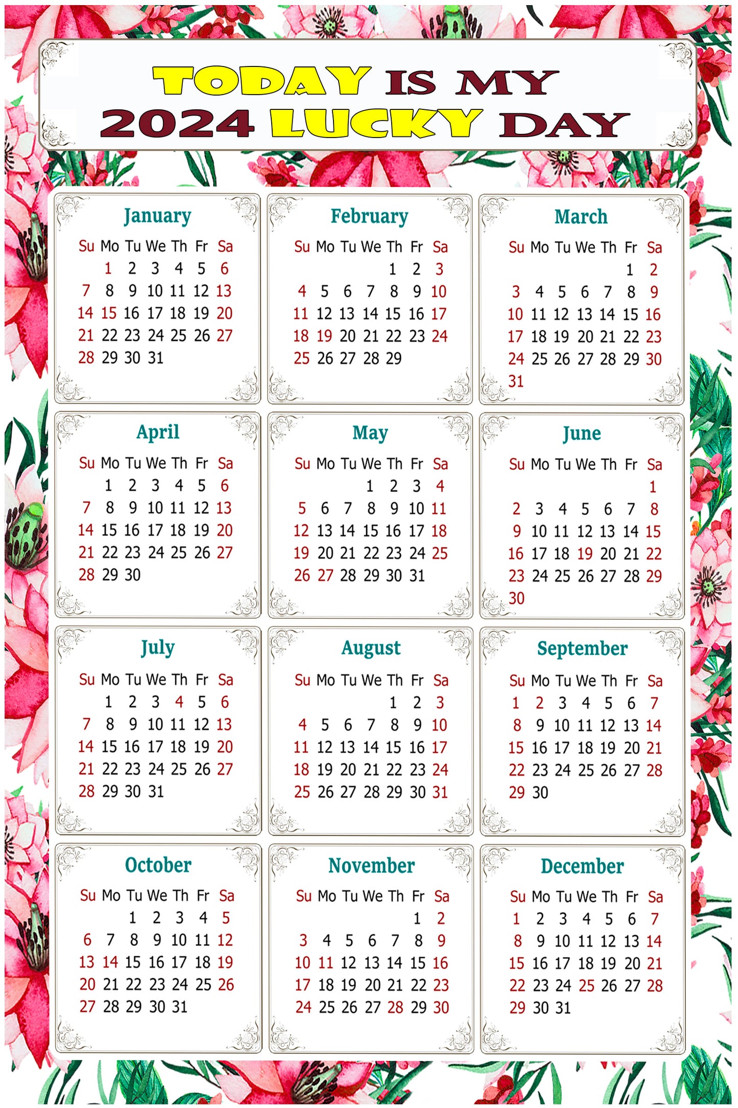 2024 Magnetic Calendar - Calendar Magnets - Today is my Lucky Day - (Fade, Tear, and Water Resistant) - Themed 018