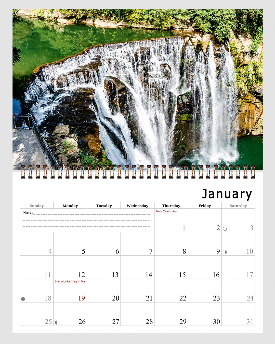 2026 Spiral-bound Wall Calendar (Waterfalls) - 12 Months Desktop/Wall Calendar/Planner