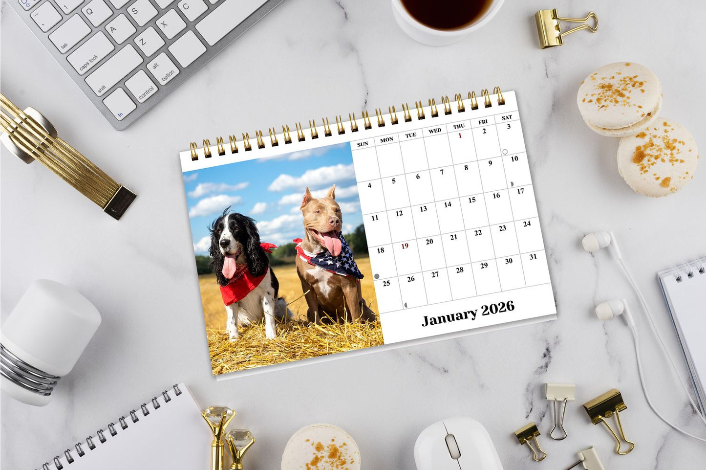 2026-12 Months Desk Calendar Desktop Planner with To-Do List (Dogs)