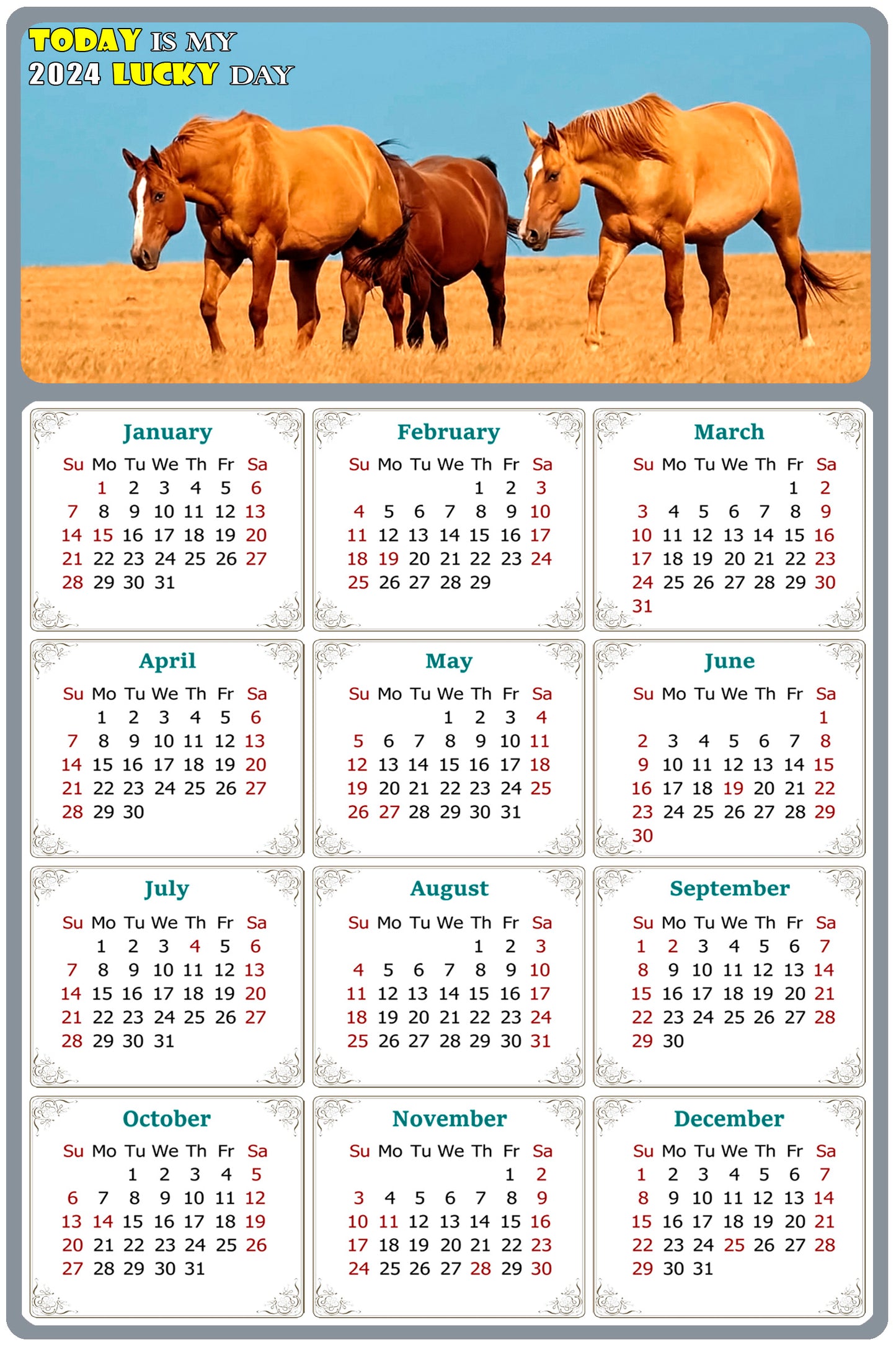 2024 Magnetic Calendar - Calendar Magnets - Today is my Lucky Day - (Fade, Tear, and Water Resistant) - Horses Themed 017