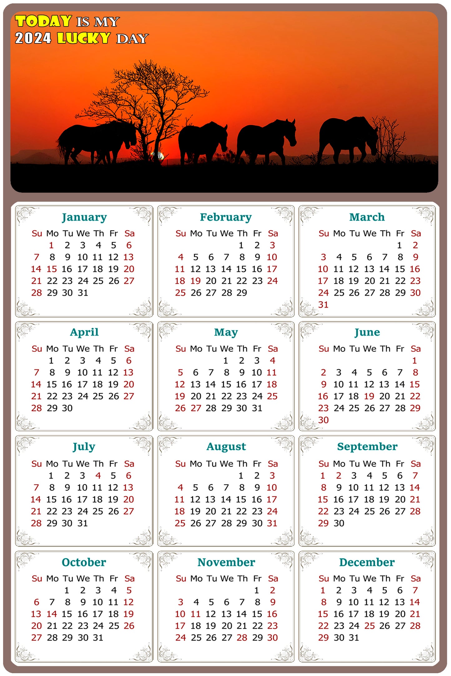 2024 Magnetic Calendar - Calendar Magnets - Today is my Lucky Day - (Fade, Tear, and Water Resistant) - Horses Themed 011