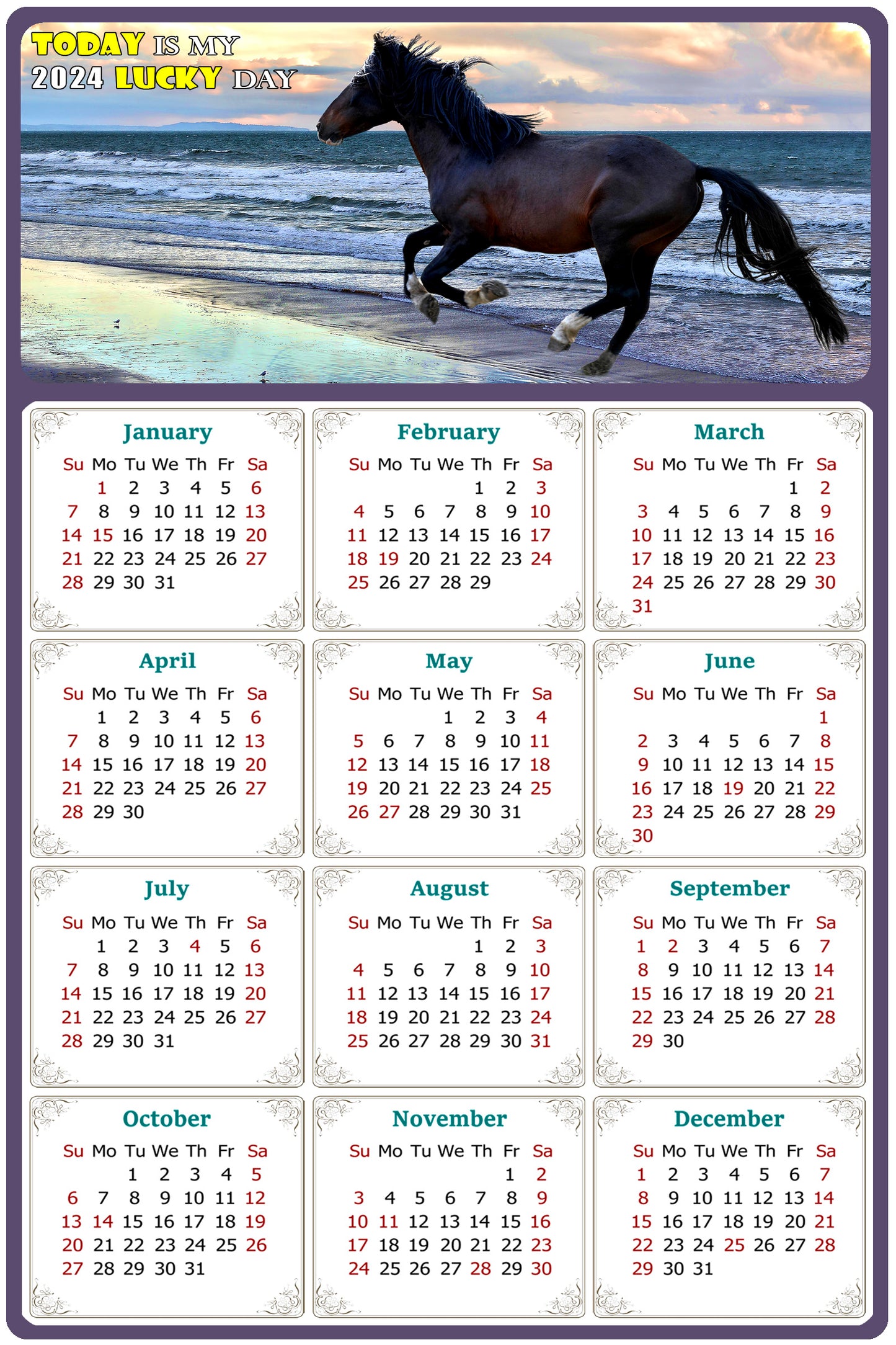 2024 Magnetic Calendar - Calendar Magnets - Today is my Lucky Day - (Fade, Tear, and Water Resistant) - Horses Themed 015