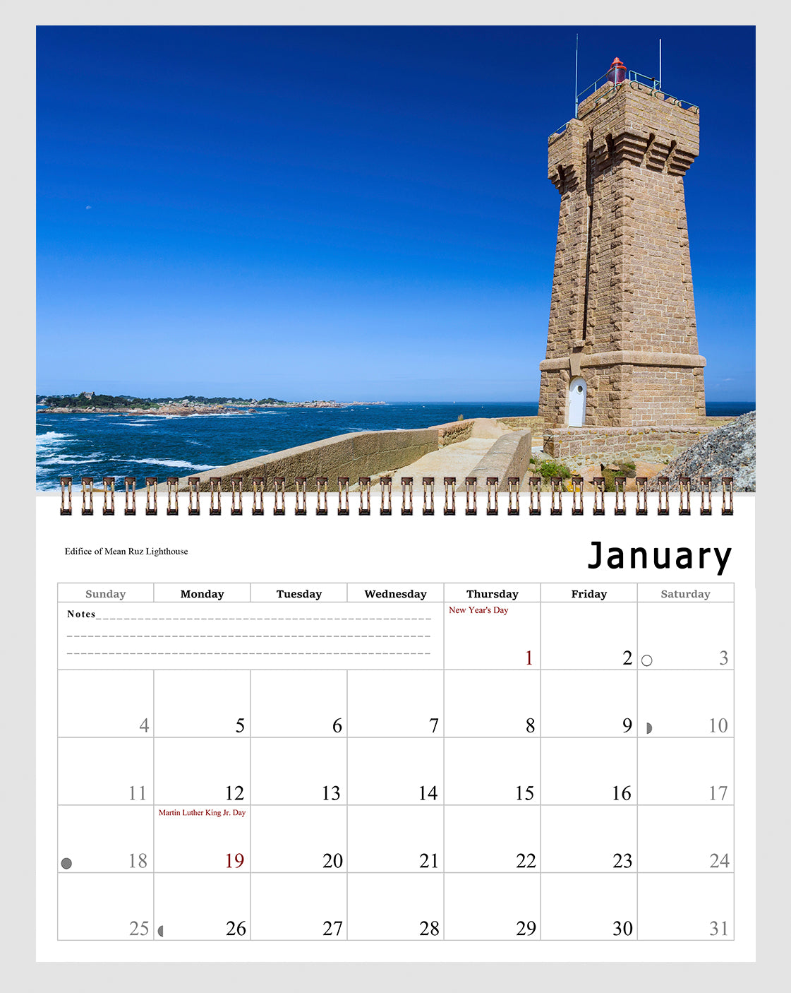 2026 Spiral-bound Wall Calendar (Lighthouses) - 12 Months Desktop/Wall Calendar/Planner