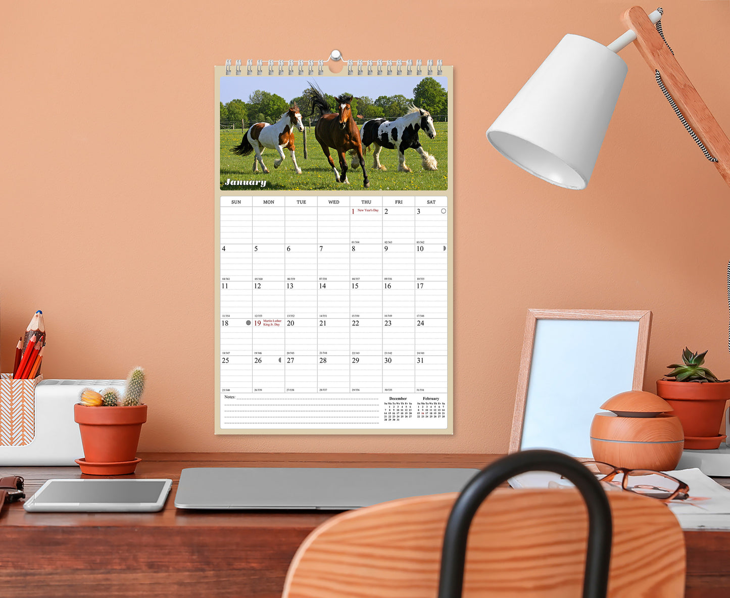 2025 - 2026 Wall Calendar Spiral-bound Twin-Wire Binding - 18 Months Planner - Large Ruled Blocks with Julian Dates - (Horses)