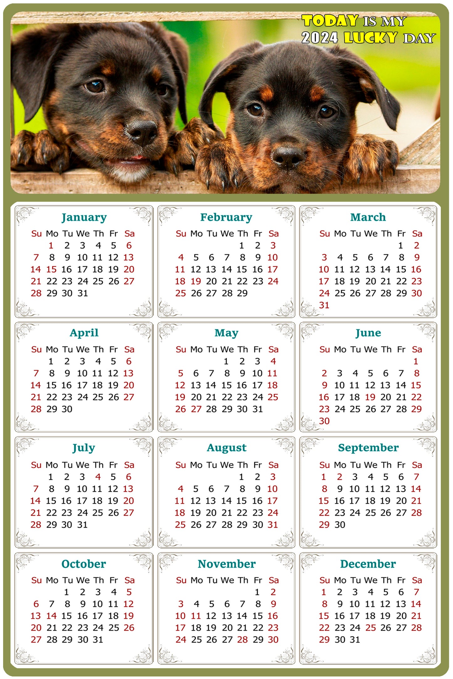 2024 Magnetic Calendar - Today is My Lucky Day (Fade, Tear, and Water Resistant)- Dogs Themed 04