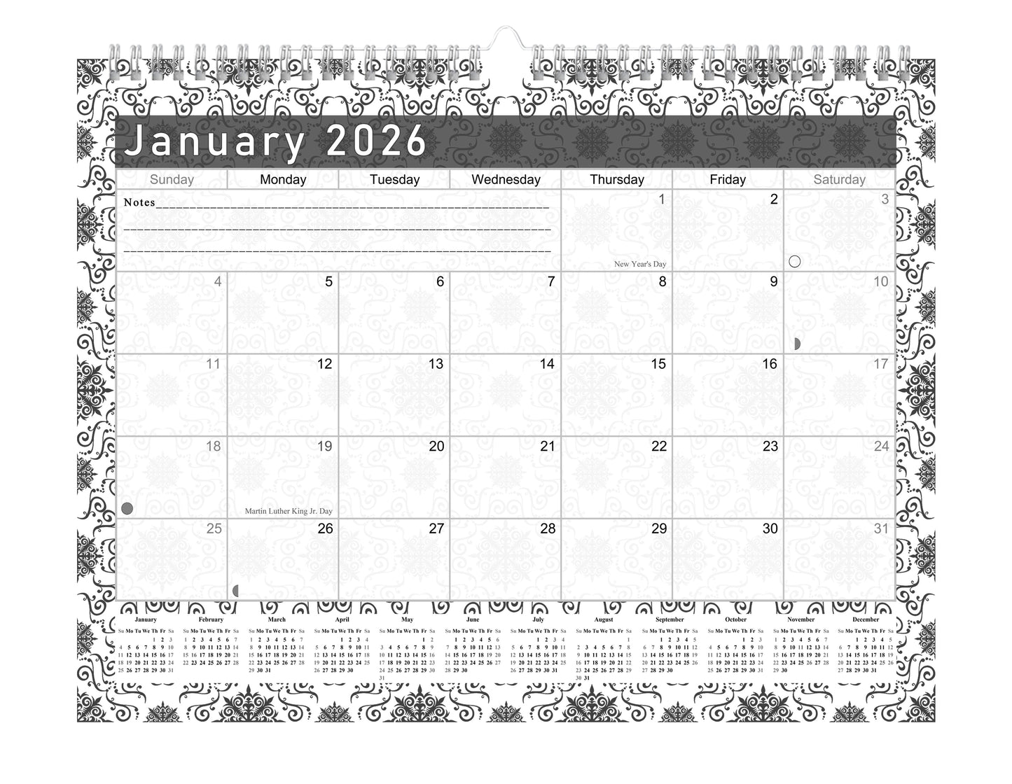 2025-2026 Monthly Spiral-Bound Wall/Desk Calendar - Desktop/Wall Blotter Calendar/Planner - (Edition B&W #014)