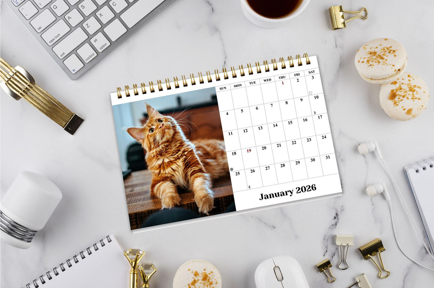 2026-12 Months Desk Calendar Desktop Planner with To-Do List (Cats)
