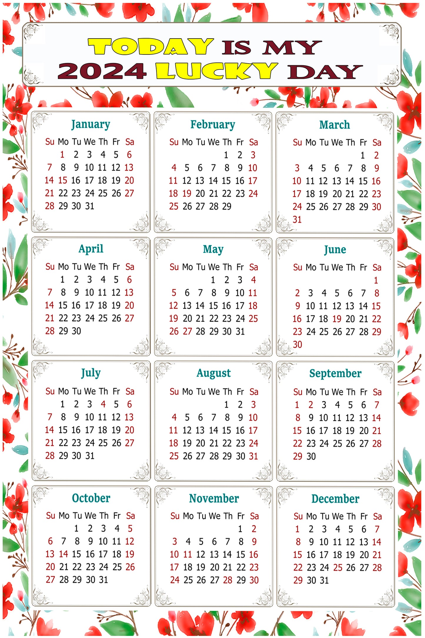 2024 Magnetic Calendar - Calendar Magnets - Today is my Lucky Day - (Fade, Tear, and Water Resistant) - Themed 020