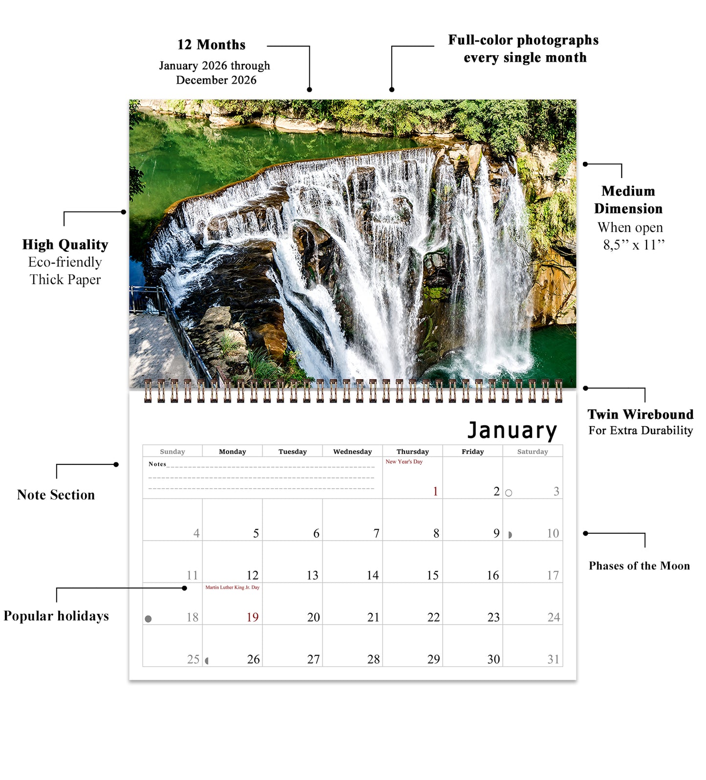 2026 Spiral-bound Wall Calendar (Waterfalls) - 12 Months Desktop/Wall Calendar/Planner