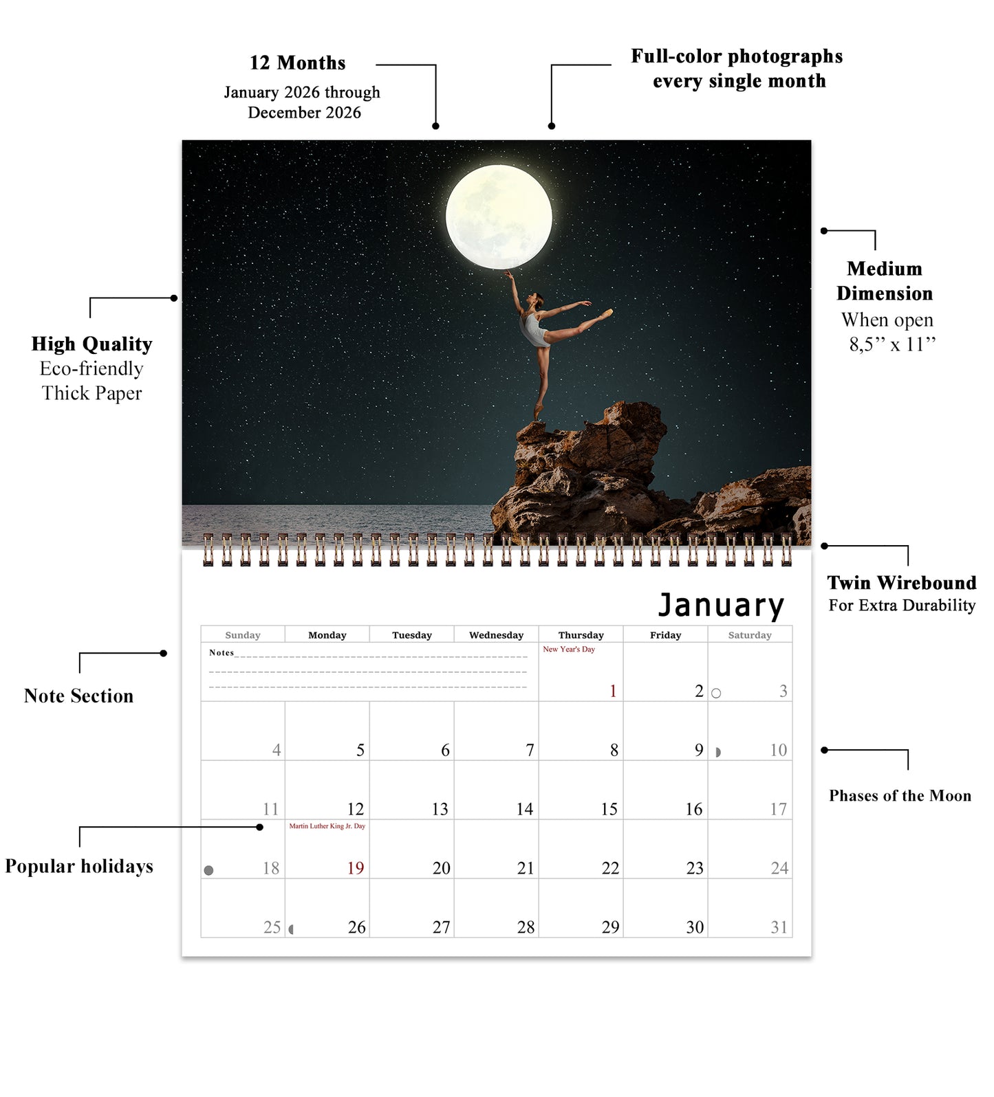 2026 Spiral-bound Wall Calendar (Moons) - 12 Months Desktop/Wall Calendar/Planner