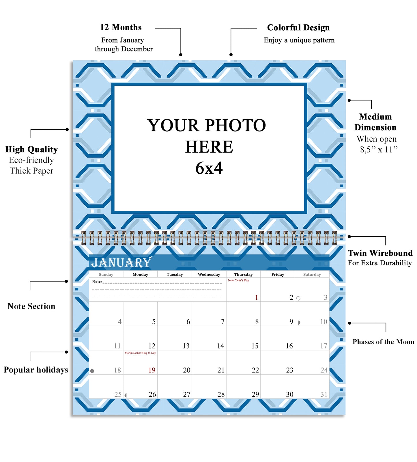 2026 Photo Frame Wall Spiral-bound Calendar (Add Your Own Photos) - 12 Months Desktop/Wall Calendar/Planner - (Edition #04)
