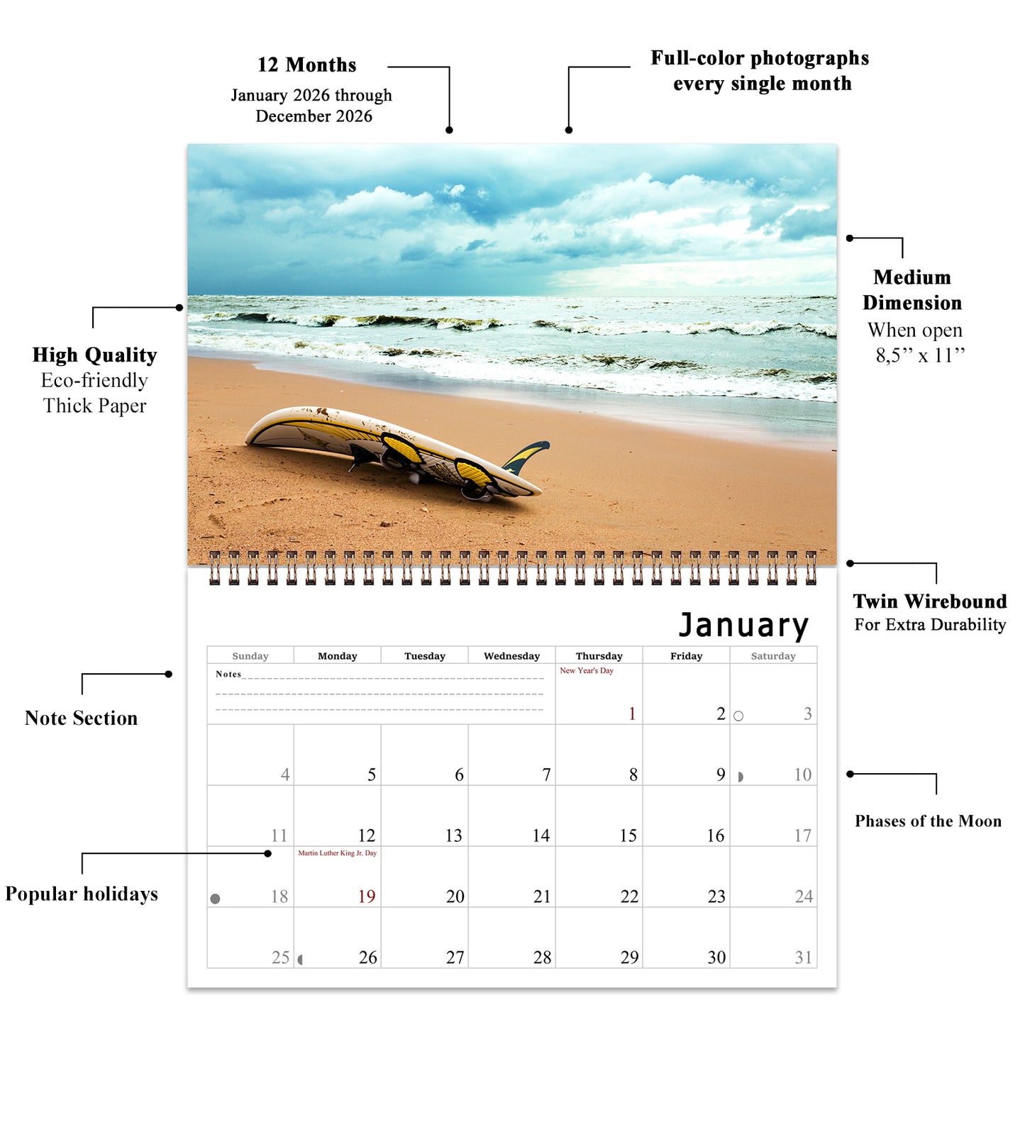 2026 Spiral-bound Wall Calendar (Beaches) - 12 Months Desktop/Wall Calendar/Planner