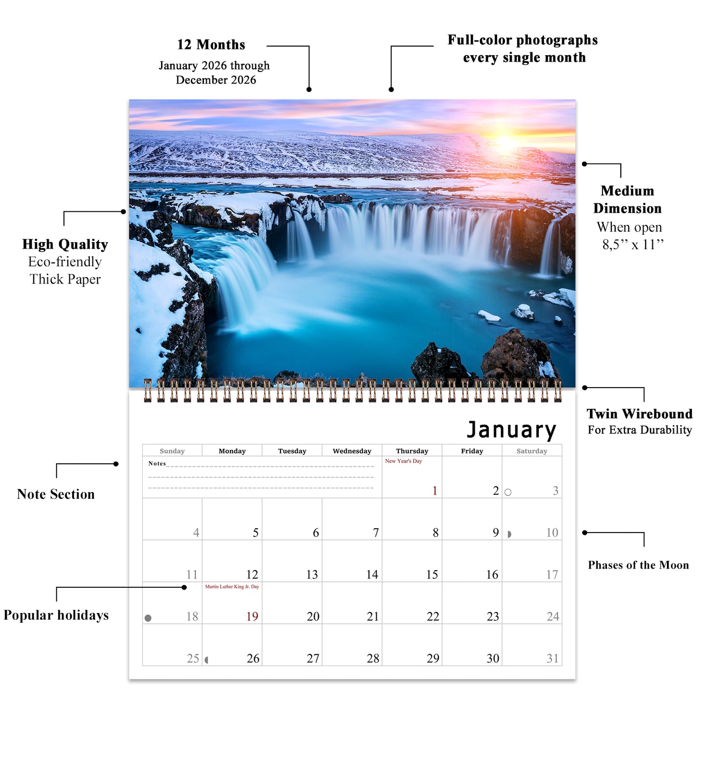 2026 Spiral-bound Wall Calendar (Sunset&Sunrise) - 12 Months Desktop/Wall Calendar/Planner