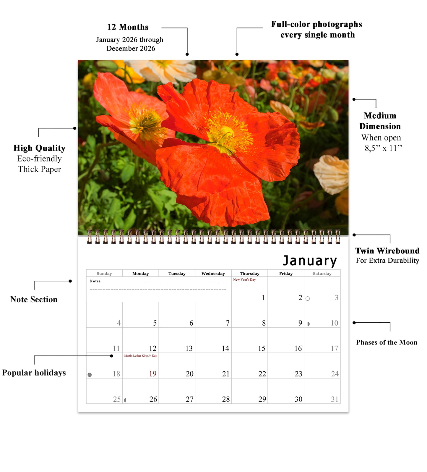 2026 Spiral-bound Wall Calendar (Flowers) - 12 Months Desktop/Wall Calendar/Planner