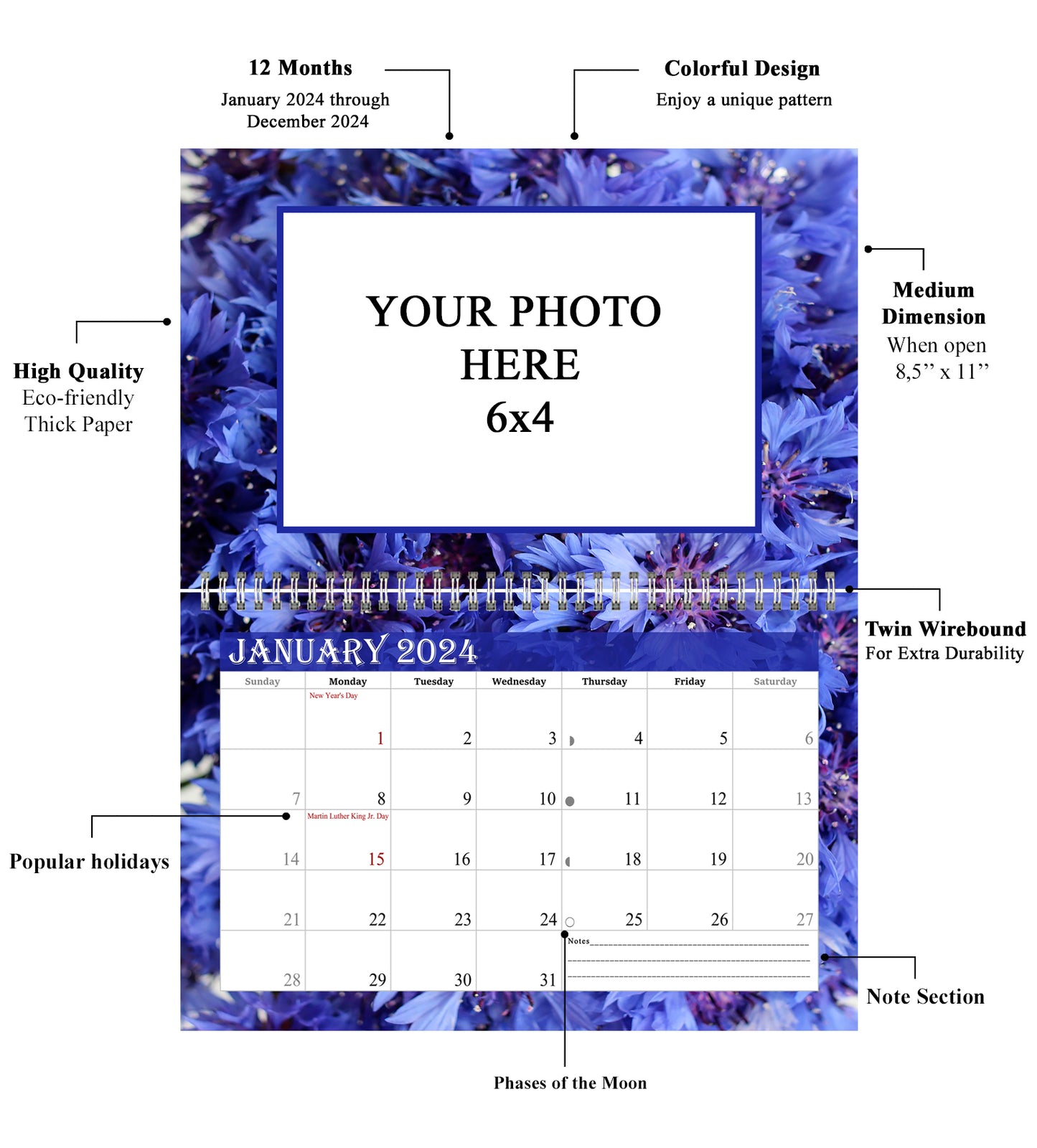 2024 Photo Frame Wall Spiral-bound Calendar (Add Your Own Photos) - 12 Months Desktop/Wall Calendar/Planner - (Edition #13)