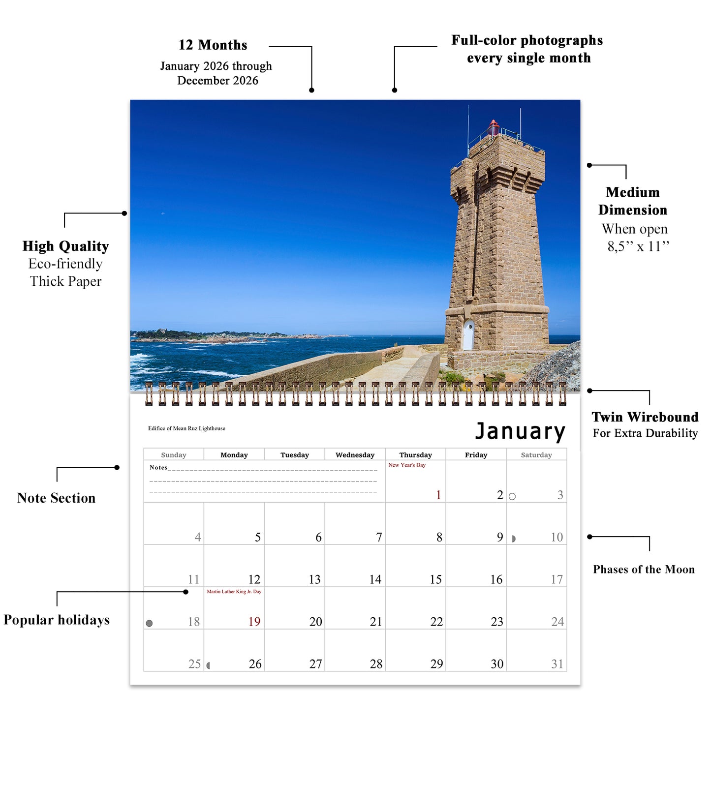 2026 Spiral-bound Wall Calendar (Lighthouses) - 12 Months Desktop/Wall Calendar/Planner