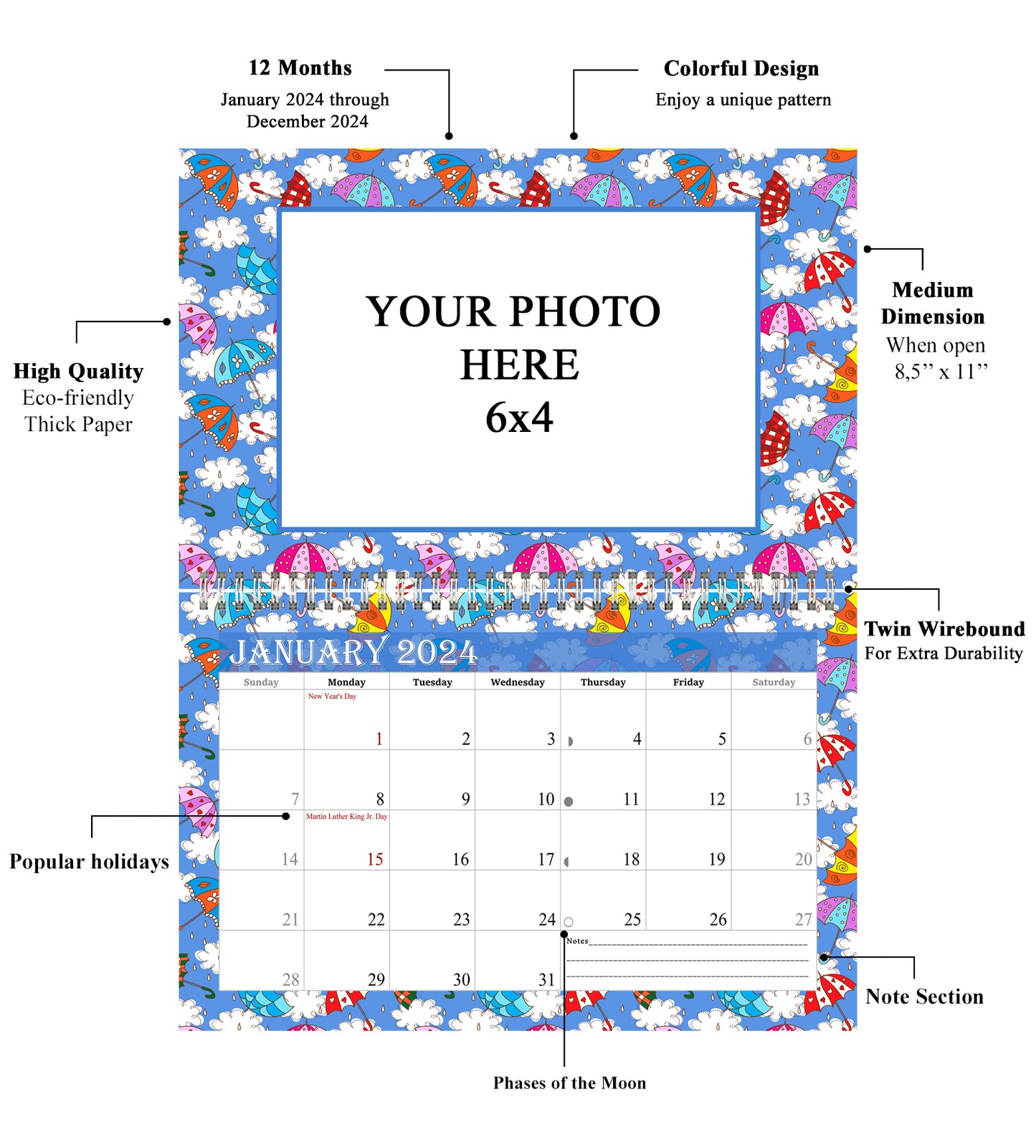 2024 Photo Frame Wall Spiral-bound Calendar (Add Your Own Photos) - 12 Months Desktop/Wall Calendar/Planner - (Edition #14)