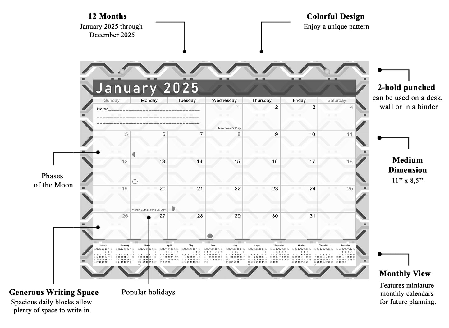 2024 - 2025 Student Calendar/Planner for 3-Ring Binder, Desk, or Wall - Black&White -v004