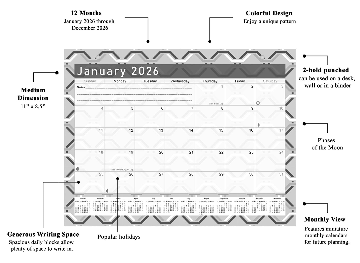 2026 Monthly Magnetic/Desk Calendar - 12 Months Desktop/Wall Calendar/Planner B&W- (#26-04)