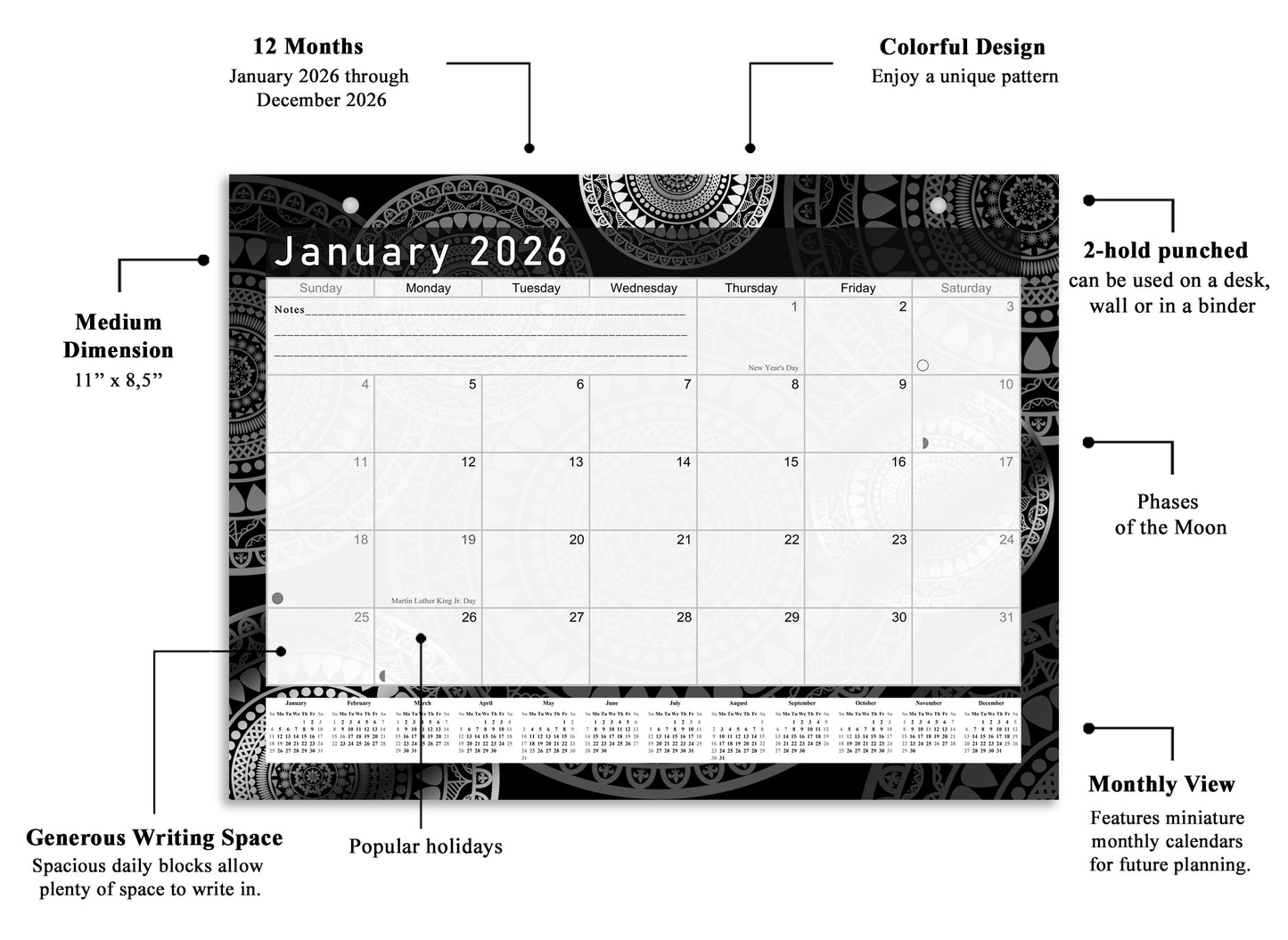 2025-2026 Magnetic/Desk Calendar - Desktop/Wall Calendar/Planner B&W- #012