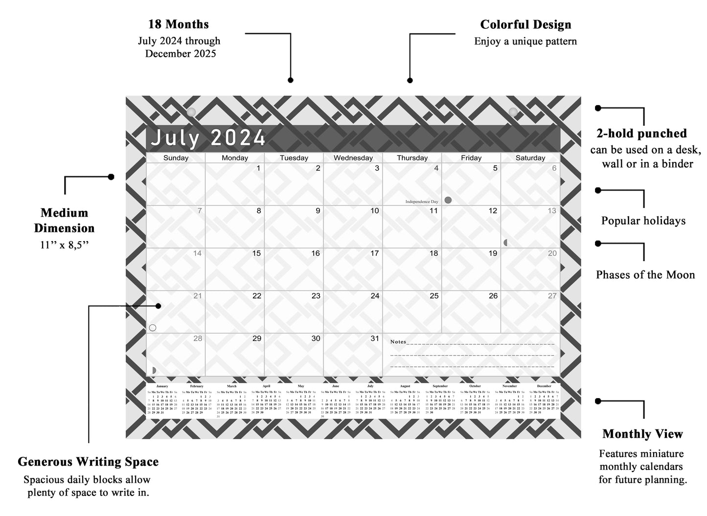 2024 - 2025 Student Calendar/Planner for 3-Ring Binder, Desk, or Wall - Black&White -v004
