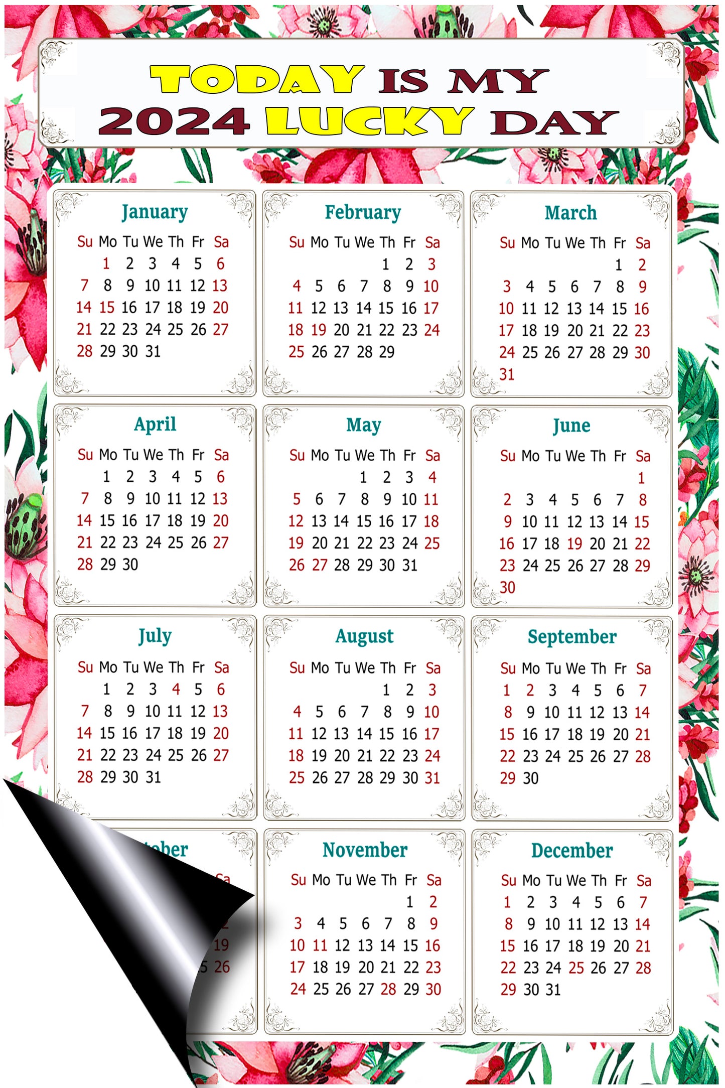 2024 Magnetic Calendar - Calendar Magnets - Today is my Lucky Day - (Fade, Tear, and Water Resistant) - Themed 018