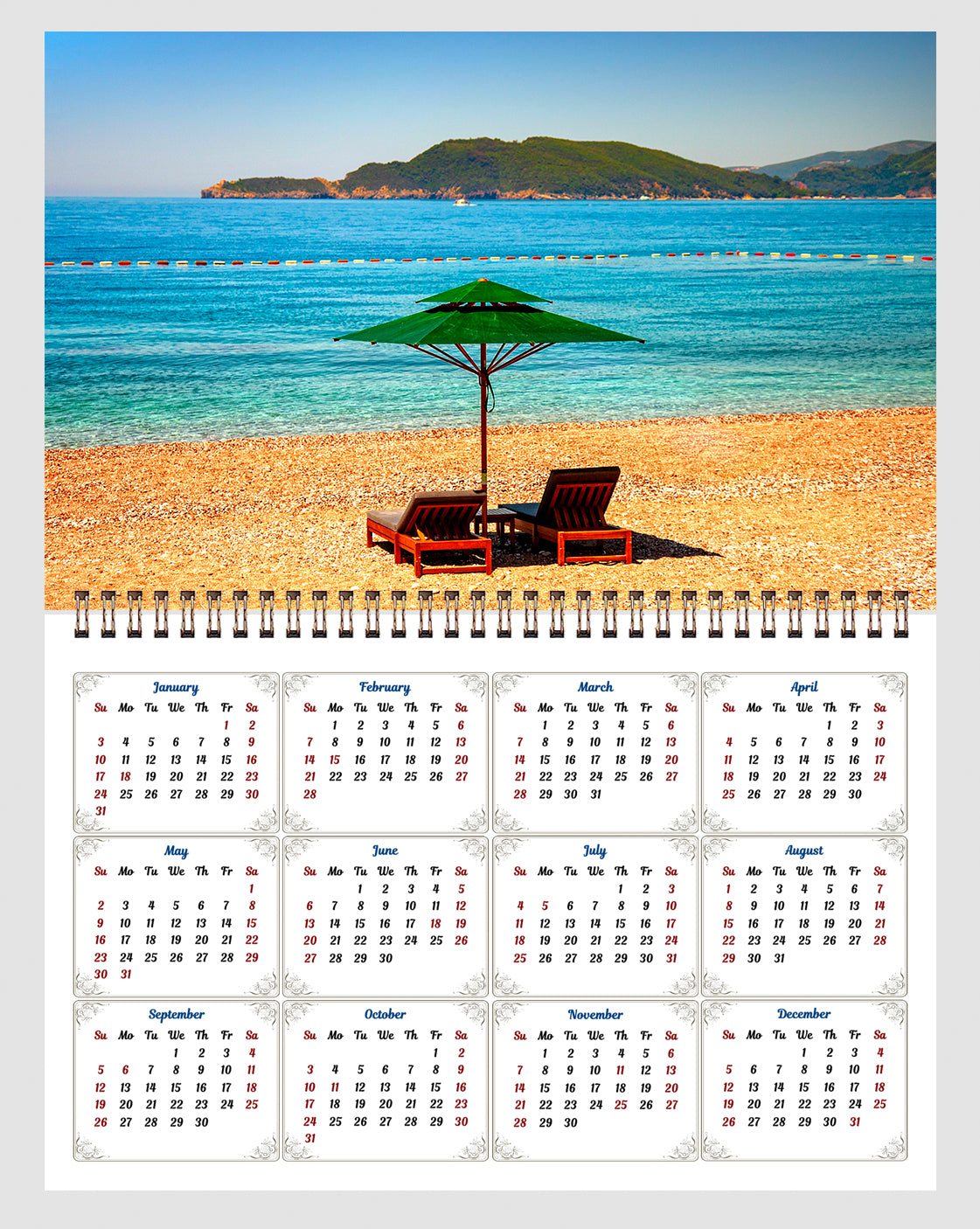 2026 Spiral-bound Wall Calendar (Beaches) - 12 Months Desktop/Wall Calendar/Planner