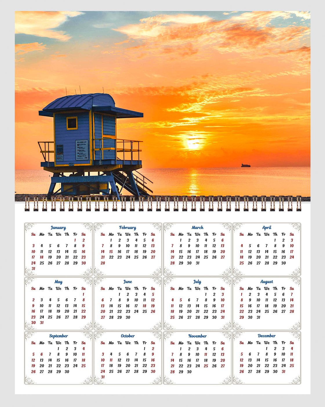 2026 Spiral-bound Wall Calendar (Sunset&Sunrise) - 12 Months Desktop/Wall Calendar/Planner