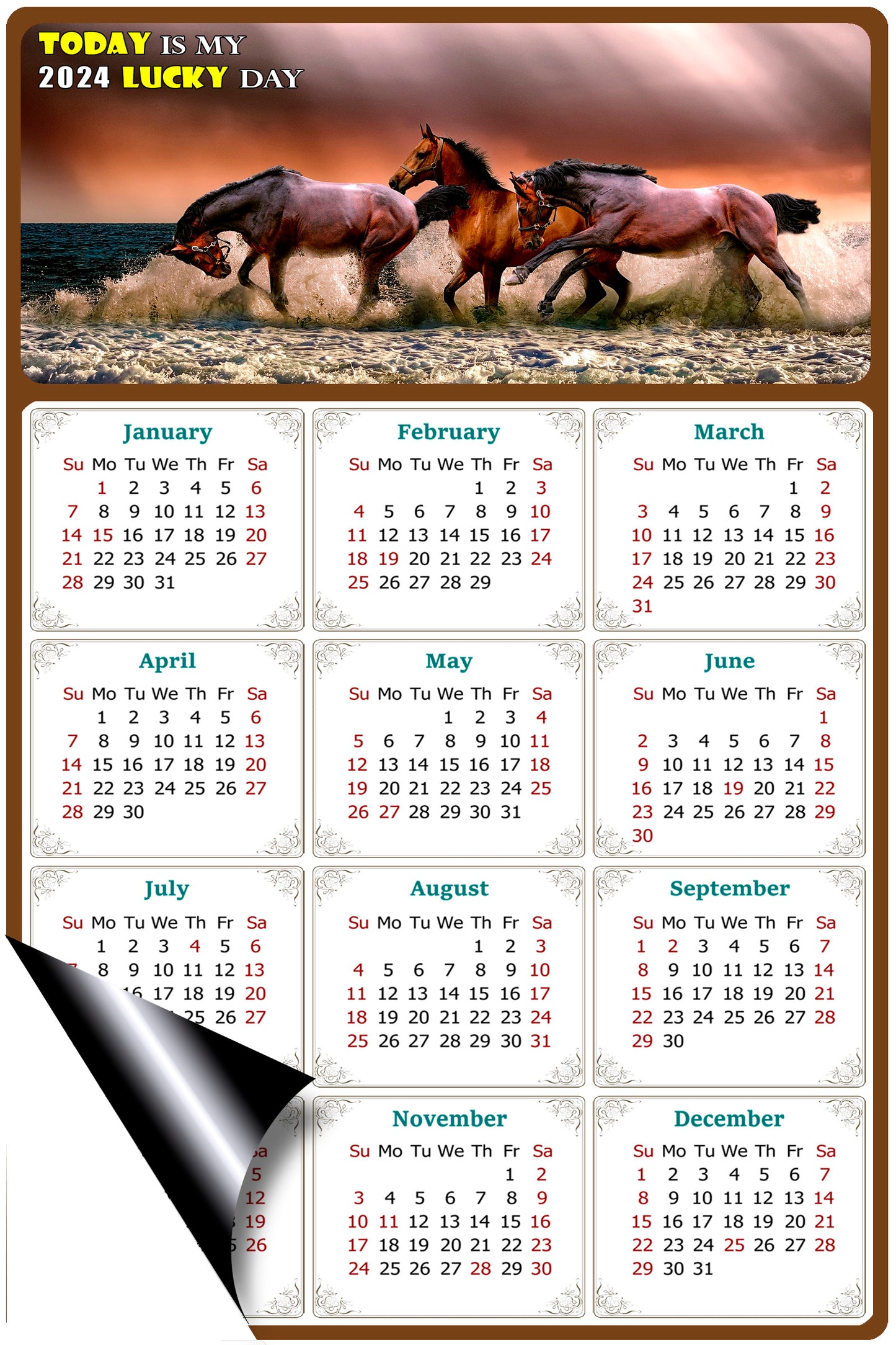 2024 Magnetic Calendar - Calendar Magnets - Today is my Lucky Day - (Fade, Tear, and Water Resistant) - Horses Themed 01
