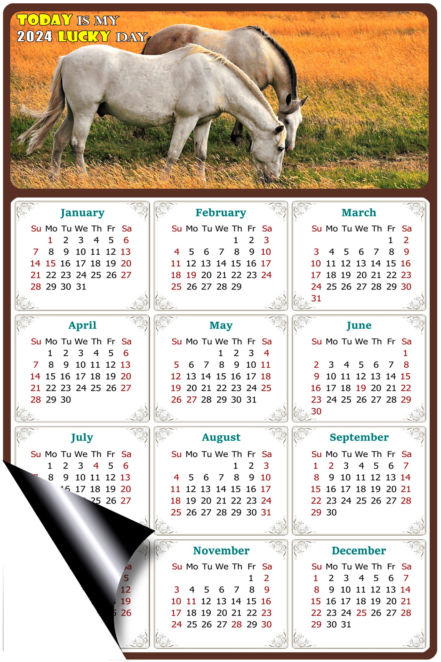 2024 Magnetic Calendar - Calendar Magnets - Today is my Lucky Day - (Fade, Tear, and Water Resistant) - Horses Themed 013