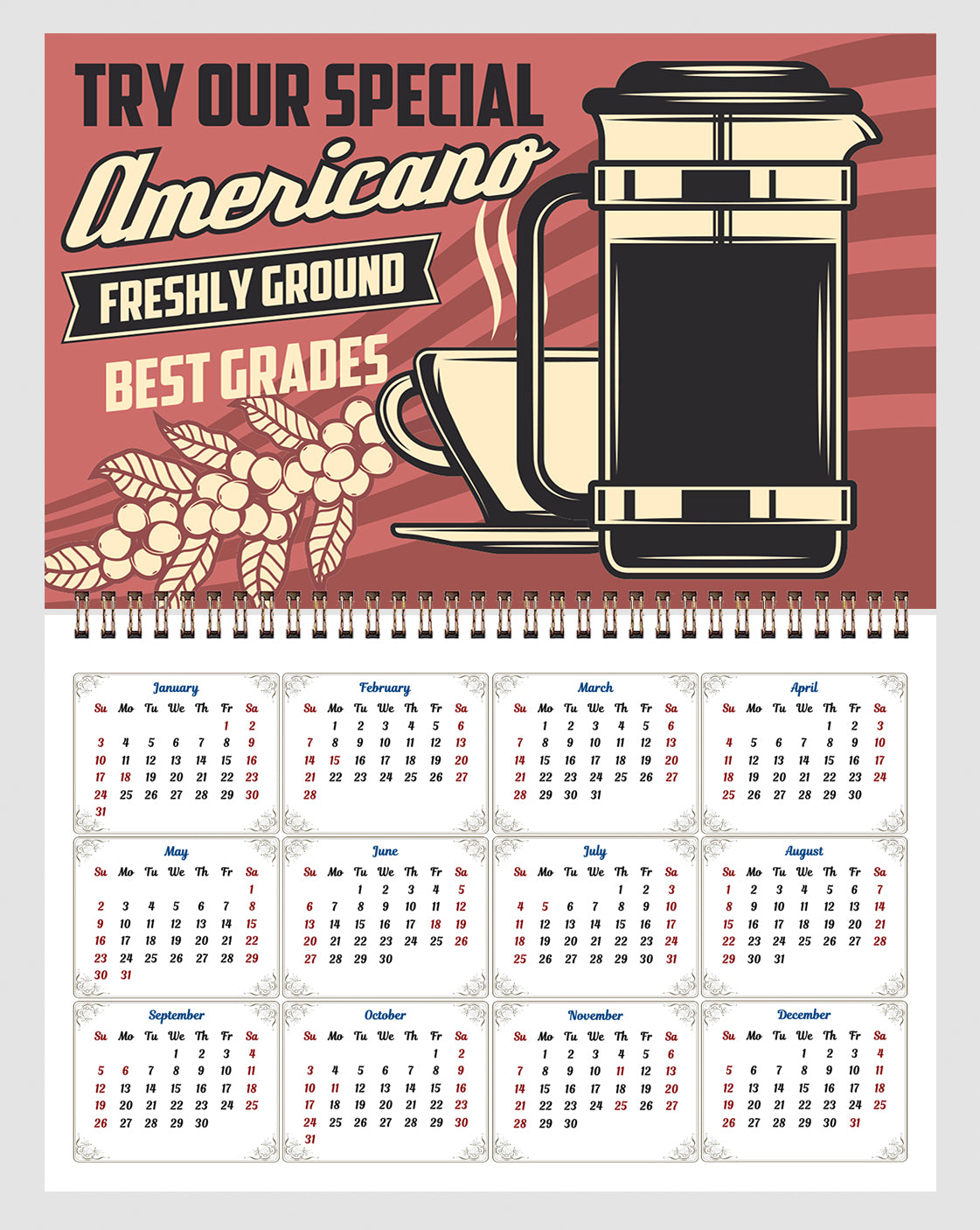 2026 Spiral-bound Wall Calendar (Coffee) - 12 Months Desktop/Wall Calendar/Planner