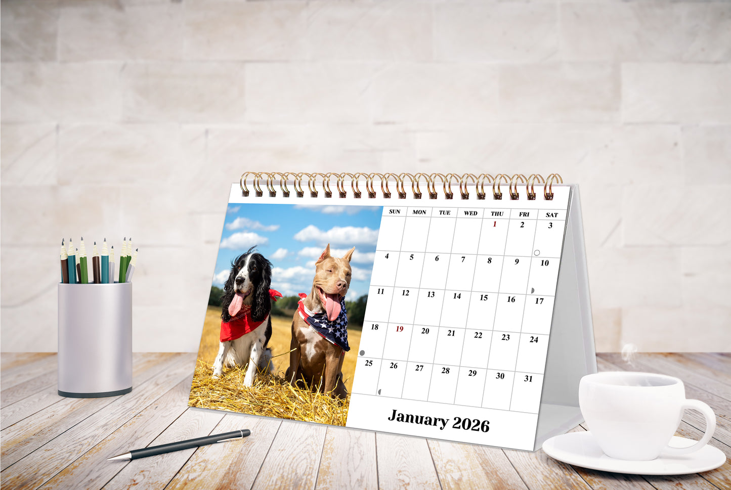 2026-12 Months Desk Calendar Desktop Planner with To-Do List (Dogs)