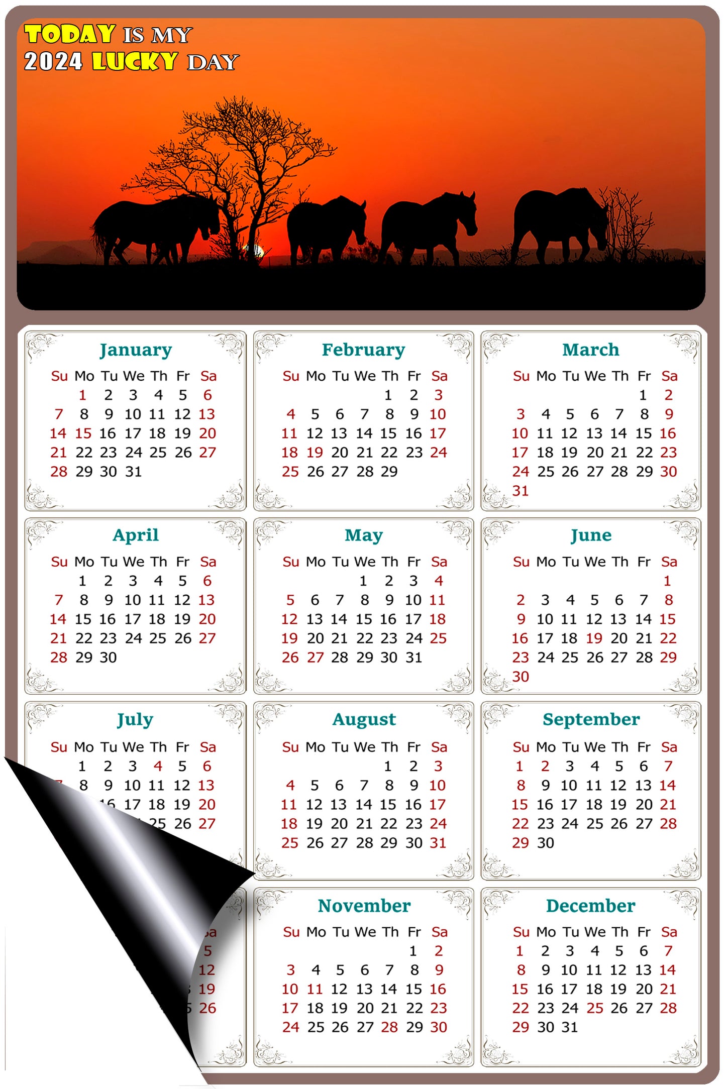 2024 Magnetic Calendar - Calendar Magnets - Today is my Lucky Day - (Fade, Tear, and Water Resistant) - Horses Themed 011