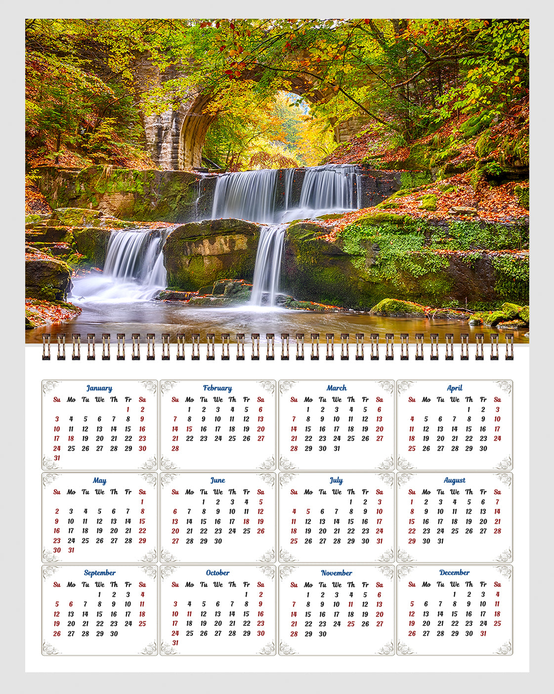 2026 Spiral-bound Wall Calendar (Waterfalls) - 12 Months Desktop/Wall Calendar/Planner