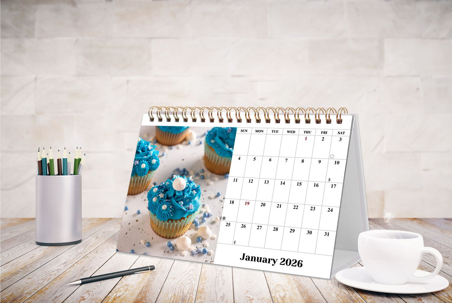 2026-12 Months Desk Calendar Desktop Planner with To-Do List (Cupcakes)