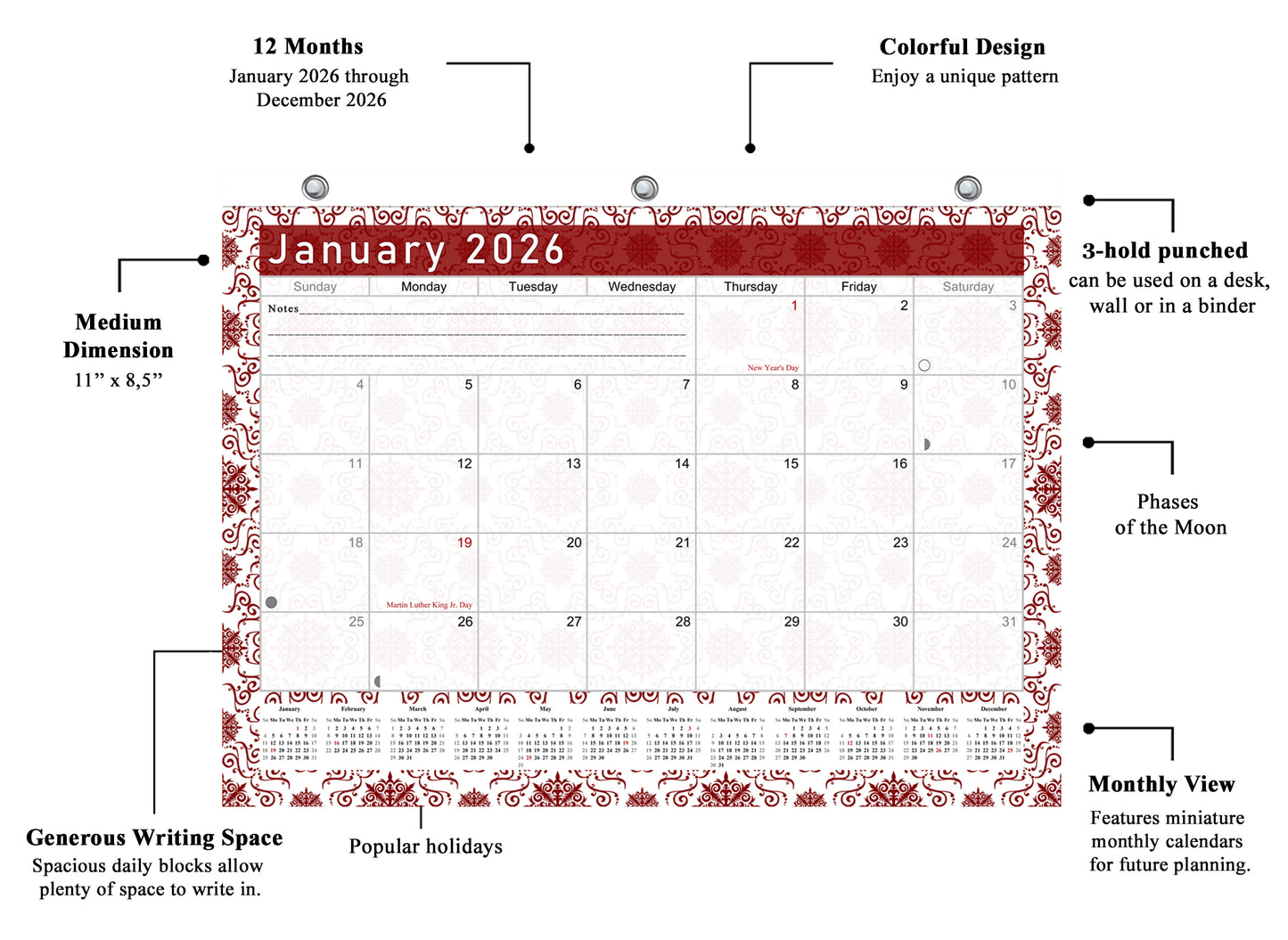 2025 - 2026 Student Calendar/Planner for 3-Ring Binder, Desk, or Wall - v014