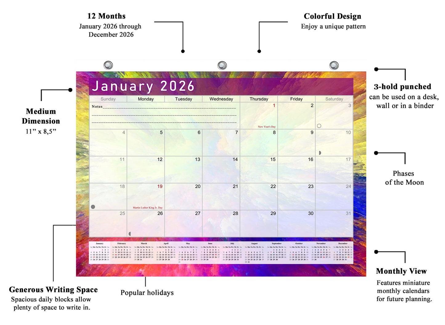 2025 - 2026 Student Calendar/Planner for 3-Ring Binder, Desk, or Wall - v026