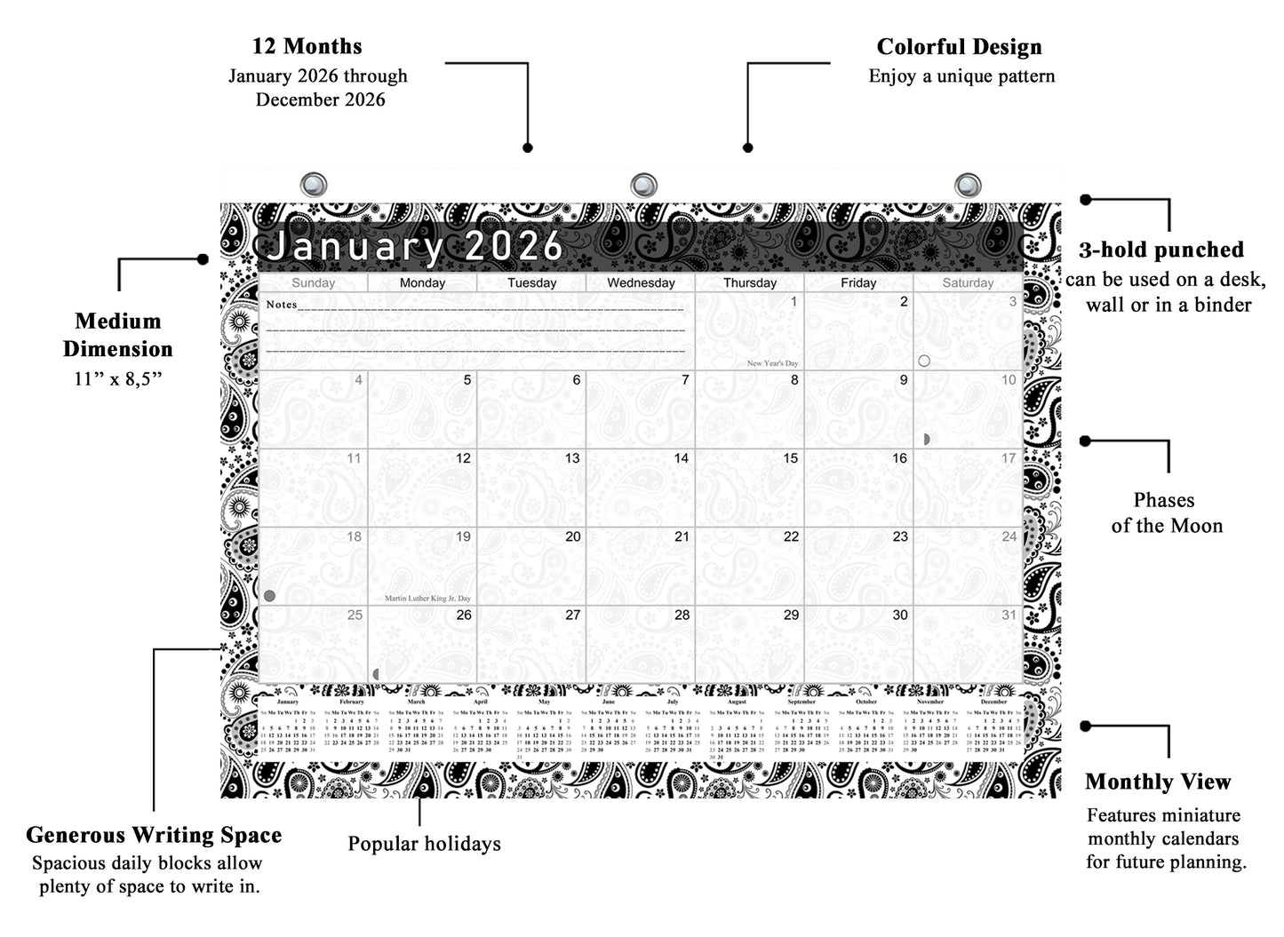 2025 - 2026 Student Calendar/Planner for 3-Ring Binder, Desk, or Wall - v011