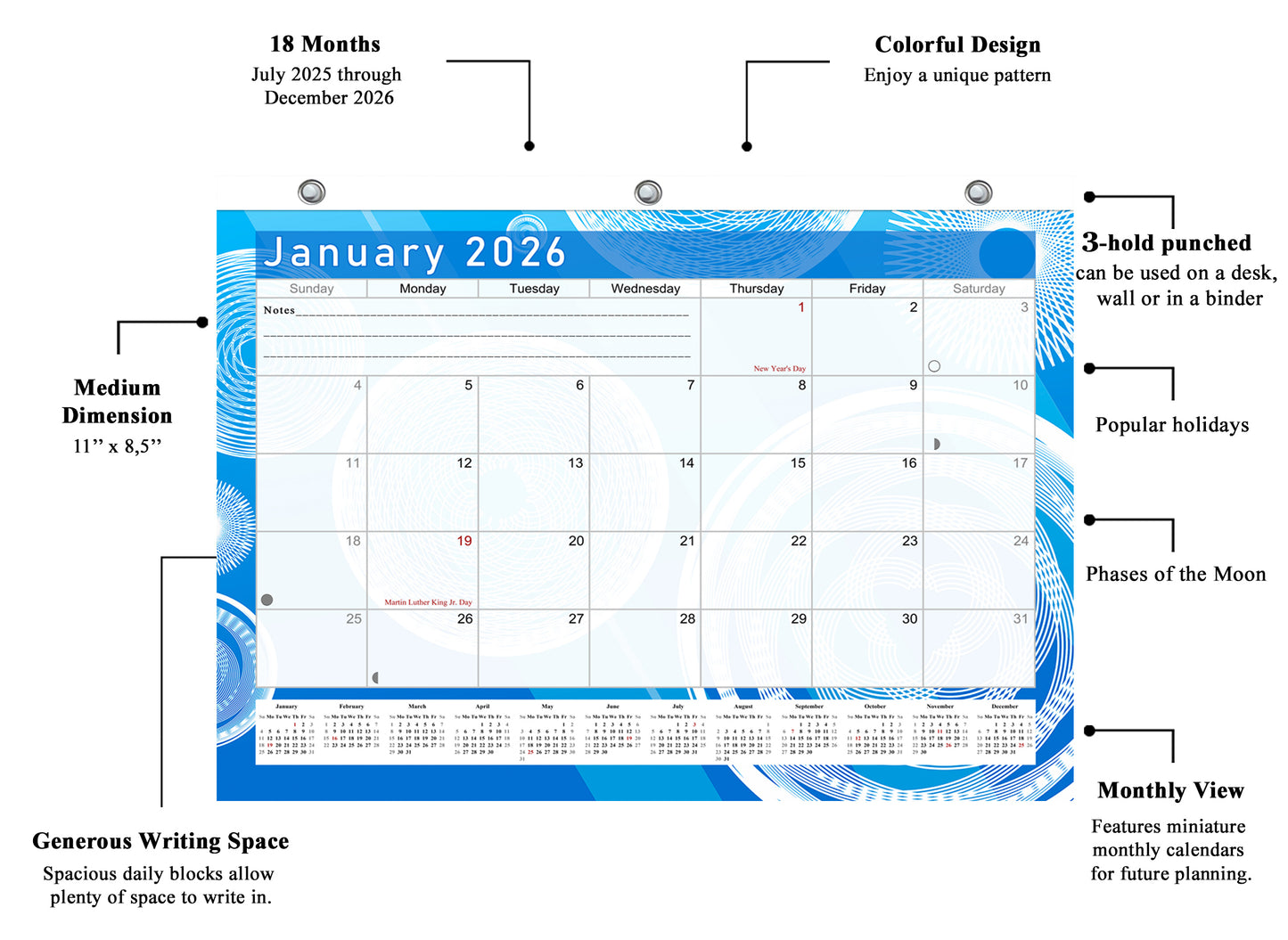 2025 - 2026 Student Calendar/Planner for 3-Ring Binder, Desk, or Wall - v002