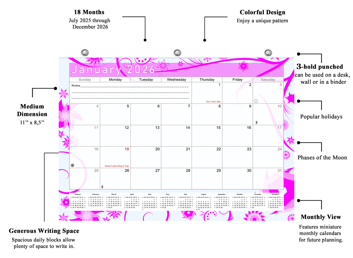 2025 - 2026 Student Calendar/Planner for 3-Ring Binder, Desk, or Wall - v010