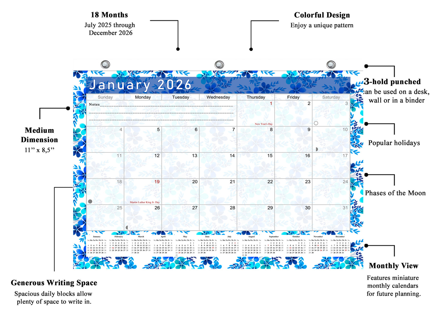 2025 - 2026 Student Calendar/Planner for 3-Ring Binder, Desk, or Wall - v022