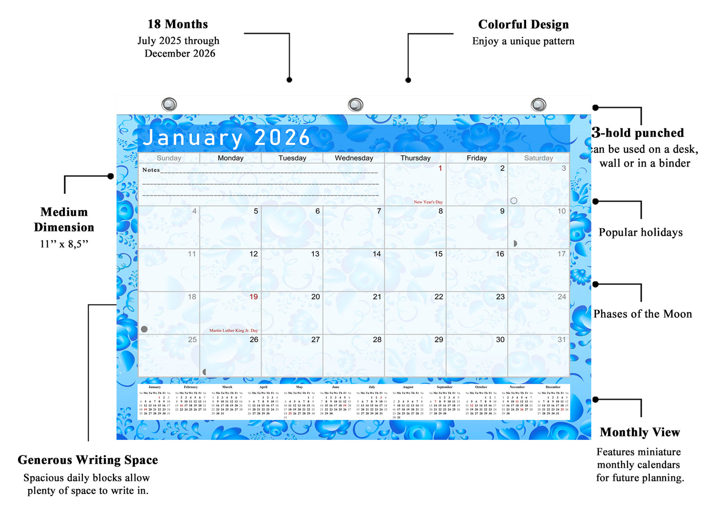 2025 - 2026 Student Calendar/Planner for 3-Ring Binder, Desk, or Wall - v019