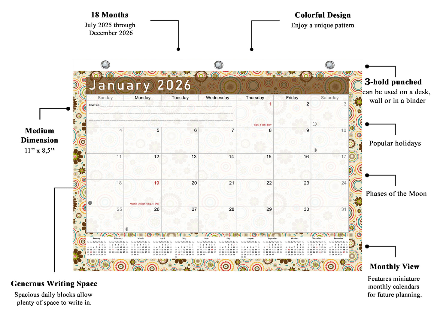 2025 - 2026 Student Calendar/Planner for 3-Ring Binder, Desk, or Wall - v020