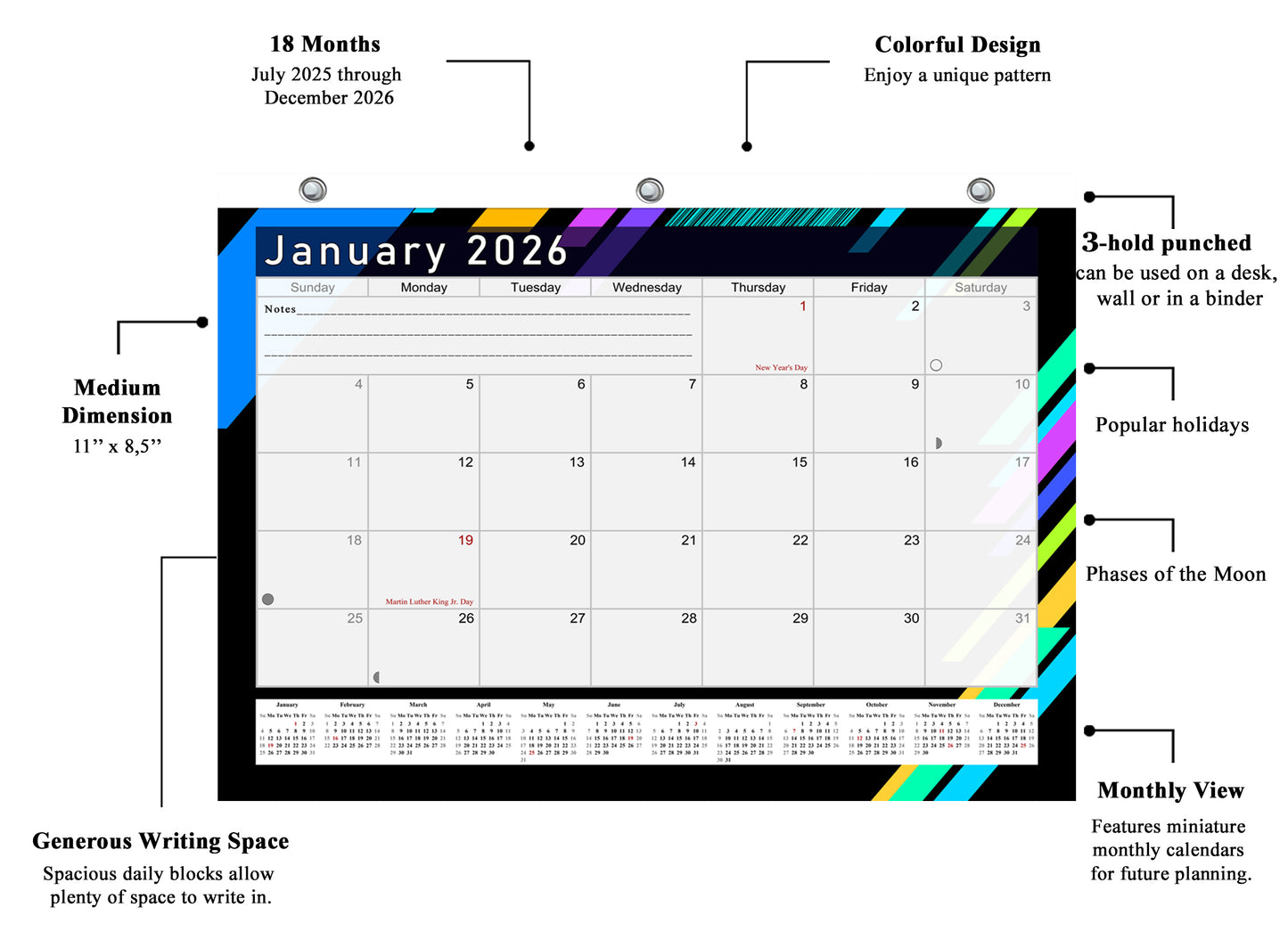 2025 - 2026 Student Calendar/Planner for 3-Ring Binder, Desk, or Wall - v013