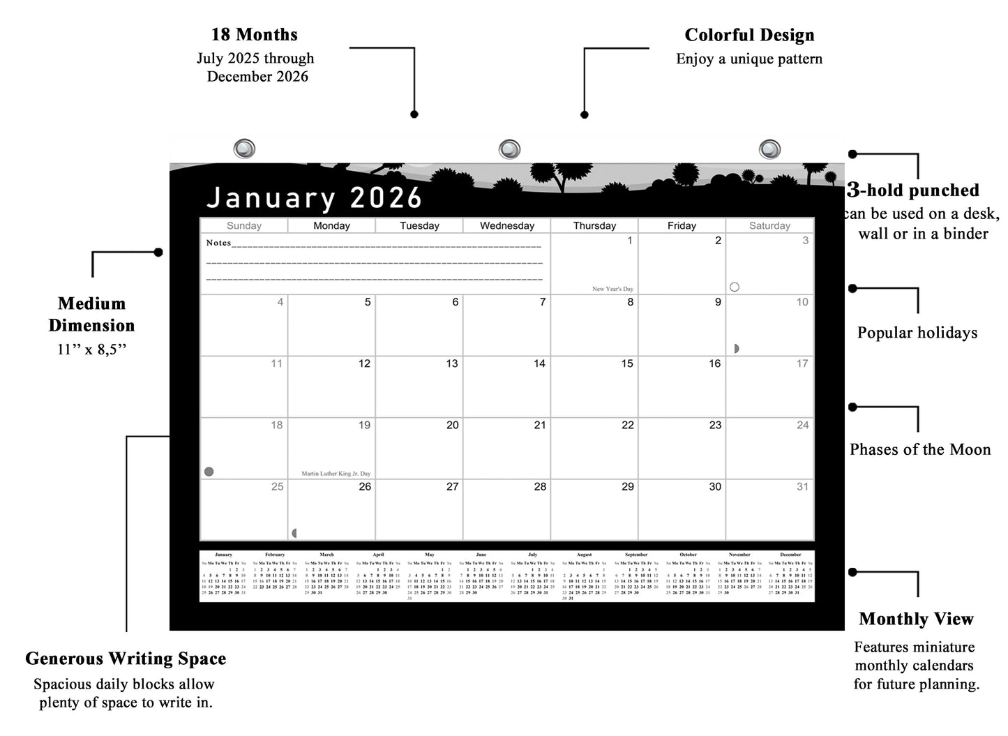 2025 - 2026 Student Calendar/Planner for 3-Ring Binder, Desk, or Wall - v015